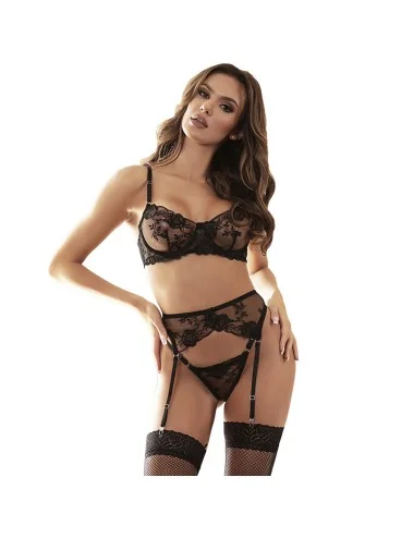 SUBBLIME - ENSEMBLE 3 PIÈCES SOUTIEN-GORGE + STRING + JARRETIÈRE IMPRIMÉ FLORAL NOIR S/M