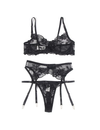 SUBBLIME - ENSEMBLE 3 PIÈCES SOUTIEN-GORGE + STRING + JARRETIÈRE IMPRIMÉ FLORAL NOIR S/M