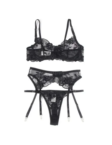 SUBBLIME - ENSEMBLE 3 PIÈCES SOUTIEN-GORGE + STRING + JARRETIÈRE IMPRIMÉ FLORAL NOIR S/M
