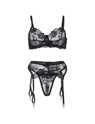 SUBBLIME - ENSEMBLE 3 PIÈCES SOUTIEN-GORGE + STRING + JARRETIÈRE IMPRIMÉ FLORAL NOIR S/M