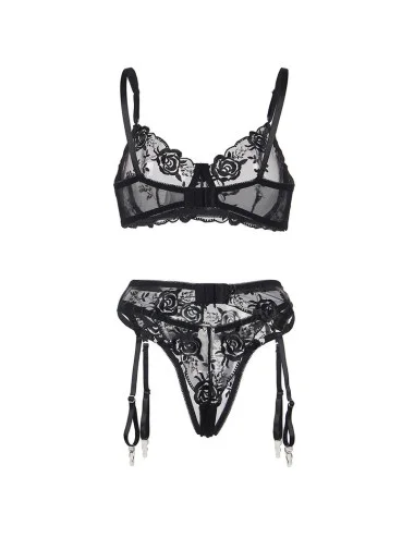 SUBBLIME - ENSEMBLE 3 PIÈCES SOUTIEN-GORGE + STRING + JARRETIÈRE IMPRIMÉ FLORAL NOIR S/M