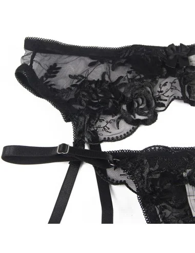 SUBBLIME - ENSEMBLE 3 PIÈCES SOUTIEN-GORGE + STRING + JARRETIÈRE IMPRIMÉ FLORAL NOIR S/M