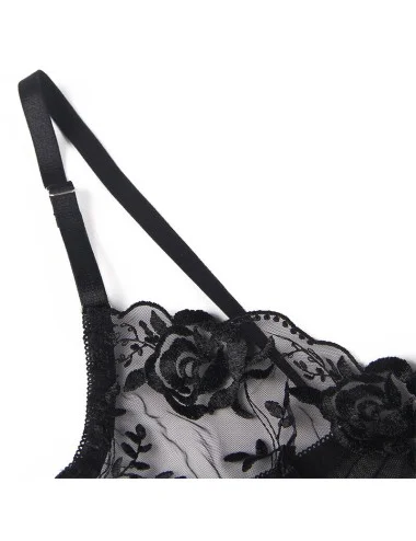 SUBBLIME - ENSEMBLE 3 PIÈCES SOUTIEN-GORGE + STRING + JARRETIÈRE IMPRIMÉ FLORAL NOIR S/M