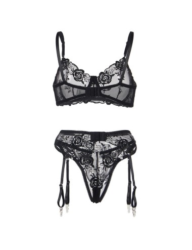 SUBBLIME - LOT 3 PIÈCES SOUTIEN-GORGE + STRING + JARRETIÈRE IMPRIMÉ FLORAL NOIR L/XL
