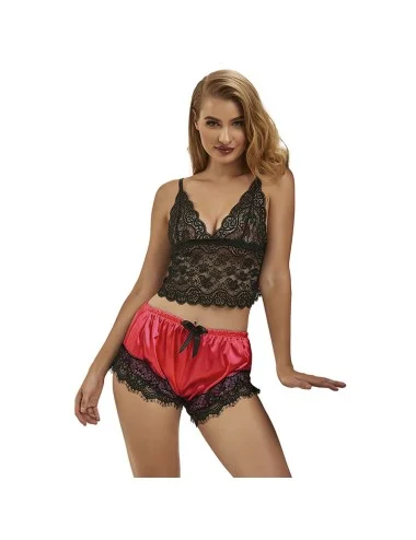 SUBBLIME - 953959 CHEMISE DE NUIT DÉCONTRACTÉE EN SOIE + PANTALON EN DENTELLE NOIR/ROUGE S/M