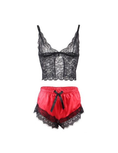 SUBBLIME - 953966 CHEMISE DE NUIT DÉCONTRACTÉE EN SOIE + PANTALON EN DENTELLE NOIR/ROUGE L/XL