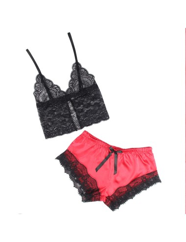 SUBBLIME - 953966 CHEMISE DE NUIT DÉCONTRACTÉE EN SOIE + PANTALON EN DENTELLE NOIR/ROUGE L/XL