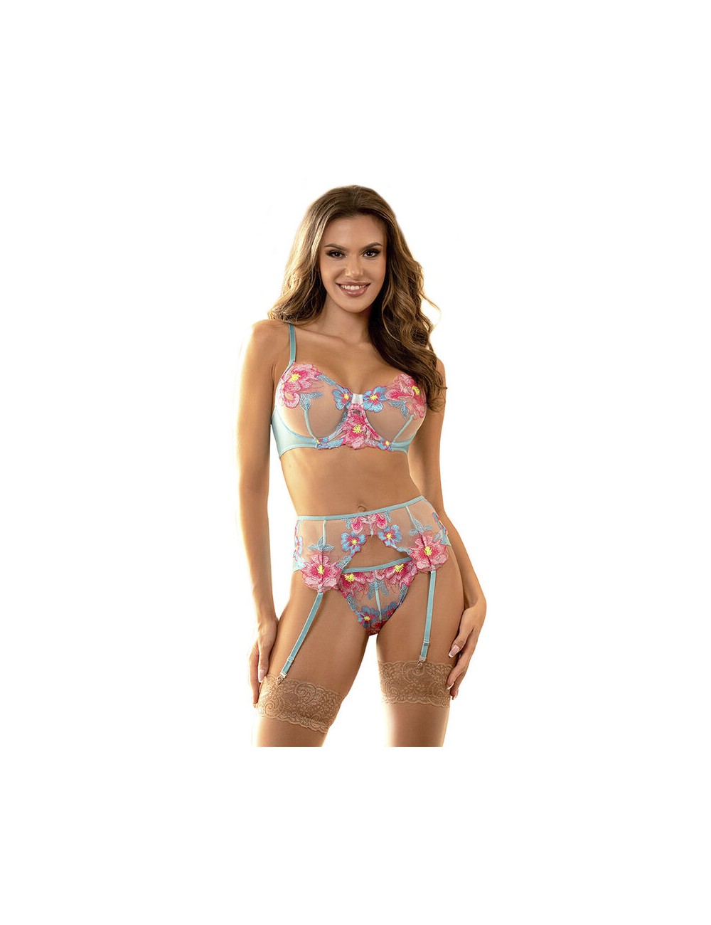 SUBBLIME - 954109 SOUTIEN-GORGE + CULOTTE AVEC PORTE-JARRETELLES MOTIF FLORAL BLEU S/M SUBBLIME - 954109 SOUTIEN-GORGE + CULOTTE AVEC PORTE-JARRETELLES MOTIF FLORAL BLEU S/M
