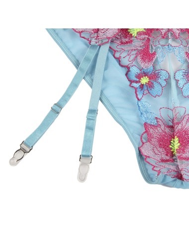 SUBBLIME - 954109 SOUTIEN-GORGE + CULOTTE AVEC PORTE-JARRETELLES MOTIF FLORAL BLEU S/M