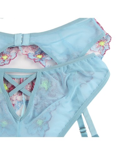SUBBLIME - 954109 SOUTIEN-GORGE + CULOTTE AVEC PORTE-JARRETELLES MOTIF FLORAL BLEU S/M