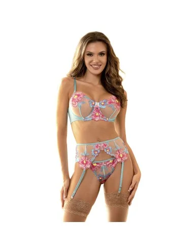 SUBBLIME - 954116 SOUTIEN-GORGE + CULOTTE AVEC PORTE-JARRETELLES MOTIF FLORAL BLEU L/XL