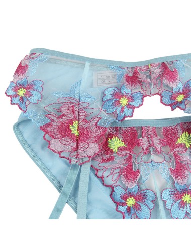 SUBBLIME - 954116 SOUTIEN-GORGE + CULOTTE AVEC PORTE-JARRETELLES MOTIF FLORAL BLEU L/XL
