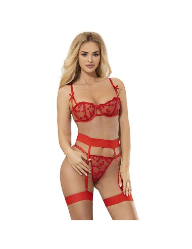 SUBBLIME - 954321 SOUTIEN-GORGE + STRING + PORTE-JARRETELLES IMPRIMÉ COEUR ROUGE S/M
