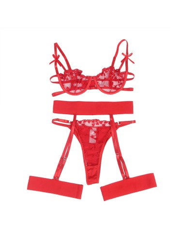 SUBBLIME - 954321 SOUTIEN-GORGE + STRING + PORTE-JARRETELLES IMPRIMÉ COEUR ROUGE S/M
