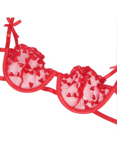 SUBBLIME - 954321 SOUTIEN-GORGE + STRING + PORTE-JARRETELLES IMPRIMÉ COEUR ROUGE S/M