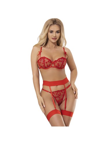 SUBBLIME - 954338 SOUTIEN-GORGE + STRING + PORTE-JARRETELLES IMPRIMÉ COEUR ROUGE L/XL