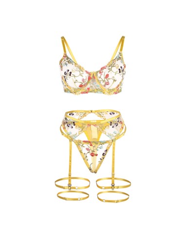 SUBBLIME - 954352 SOUTIEN-GORGE + STRING + PORTE-JARRETELLES MOTIF FLORAL JAUNE L/XL