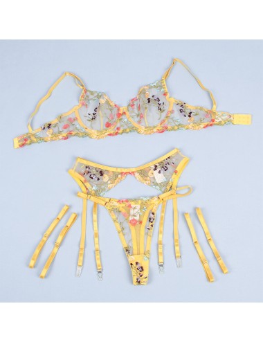 SUBBLIME - 954352 SOUTIEN-GORGE + STRING + PORTE-JARRETELLES MOTIF FLORAL JAUNE L/XL