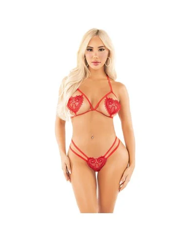LEG AVENUE - SOUTIEN-GORGE OUVERT À MOTIF COEUR + STRING ROUGE TAILLE UNIQUE