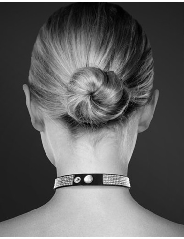 Collier en cuir noir SM avec bande de strass et coeur métal argenté - CC6060050010