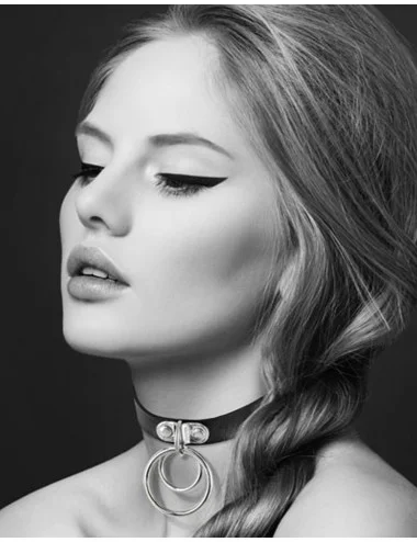 Collier en cuir noir SM avec double anneau métal argenté pour laisse - CC6060030010
