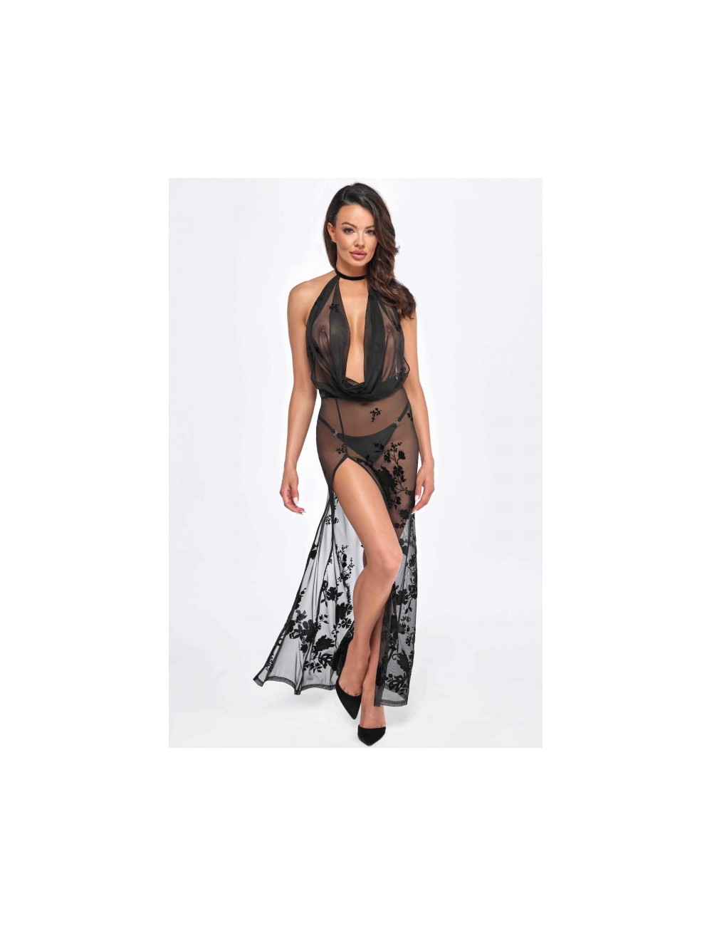 F312 Divinity robe longue en maille floquée avec dos ouvert F312 Divinity robe longue en maille floquée avec dos ouvert