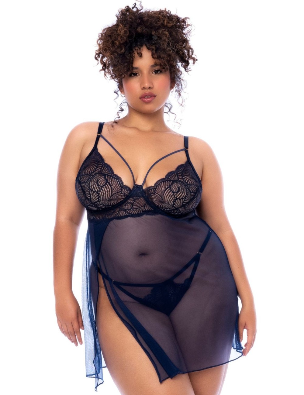 Nuisette grande taille bleu nuit et string - MAL7555XMNBL Nuisette grande taille bleu nuit et string - MAL7555XMNBL