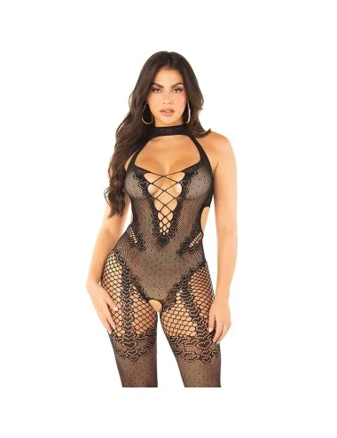 LEG AVENUE - BODYSTOCKING EN MAILLE IMPRIMÉ FLEURI NOIR TAILLE UNIQUE