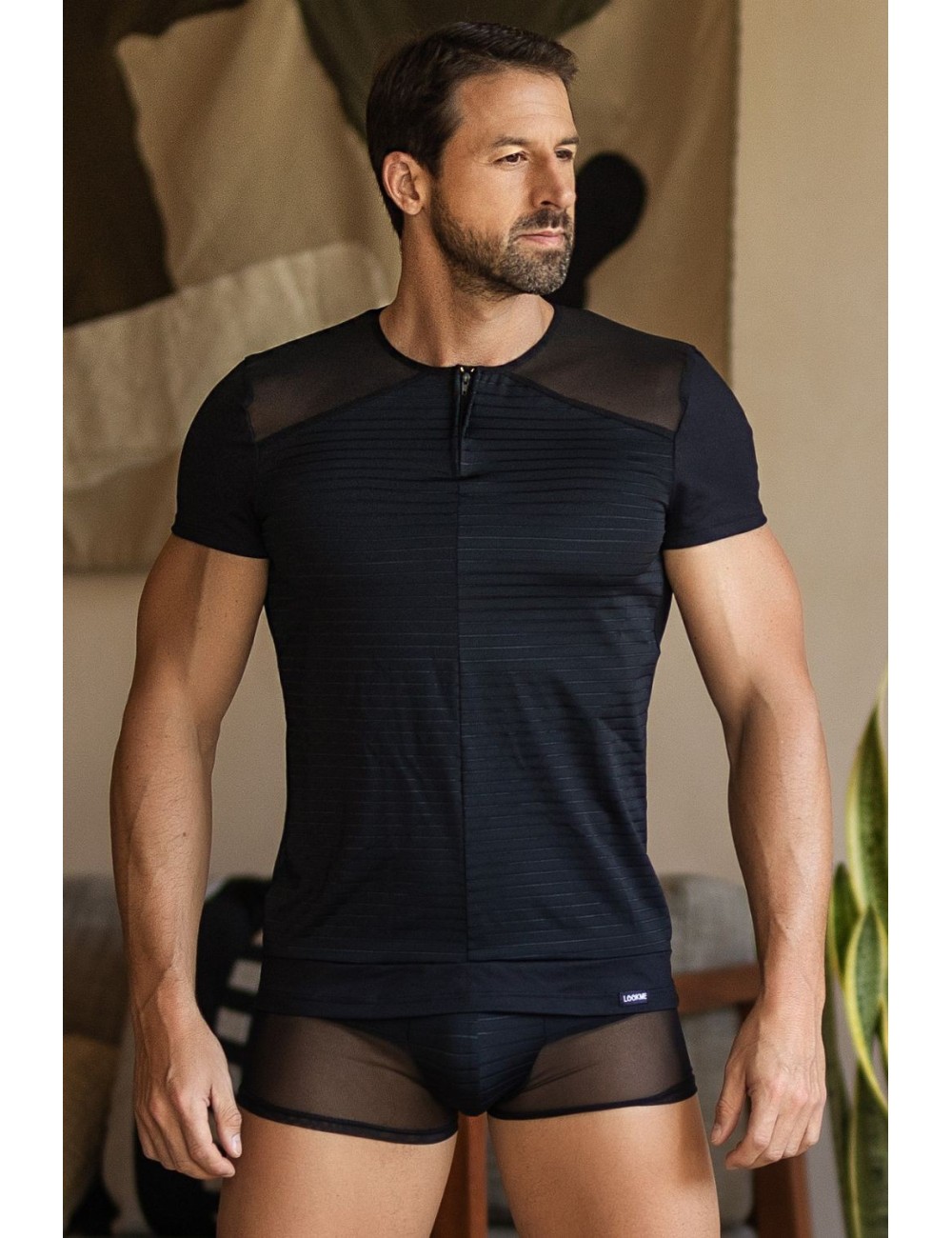 T-shirt noir rayé opaque et transparent - LM2906-81BLK