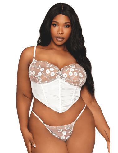 Bustier blanc avec armatures grande taille, en satin et dentelle florale - DG13262XWHT