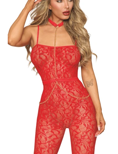 Bodystocking sans couture, fantaisie rouge avec chainettes amovibles - DG0518POI