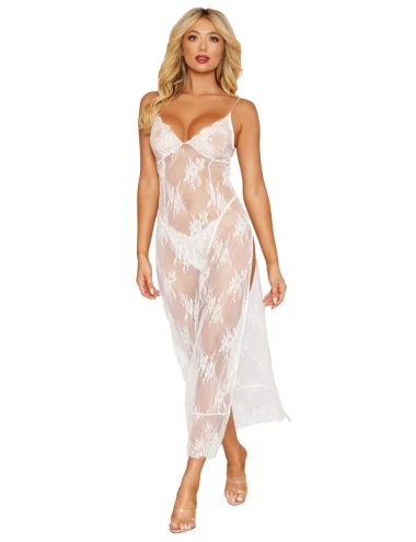 Nuisette longue blanche en dentelle florale, string assorti - DG13667WHT