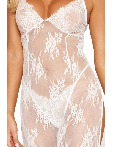 Nuisette longue blanche en dentelle florale, string assorti - DG13667WHT