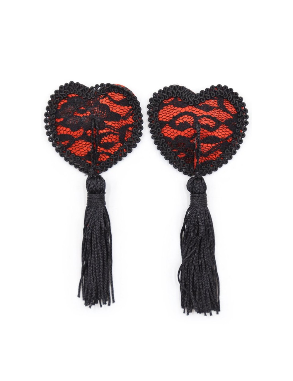 Paire de cache tétons adhésifs en forme de cœur avec dentelle noire et pompom - NP-0077 Paire de cache tétons adhésifs en forme de cœur avec dentelle noire et pompom - NP-0077