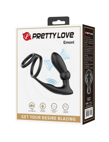 PRETTY LOVE - ANNEAU PÉNIS EMONI + PLUG ANAL 12 VIBRATIONS NOIR