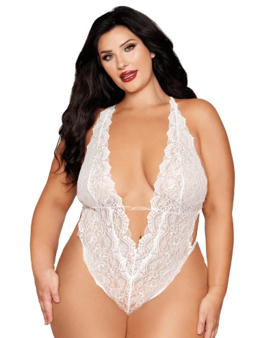 Ensemble 2 pièces grande taille, body dentelle blanc et chainettes bijou de corps perles blanches - DG13697XWHT