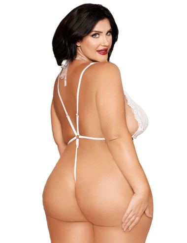 Ensemble 2 pièces grande taille, body dentelle blanc et chainettes bijou de corps perles blanches - DG13697XWHT