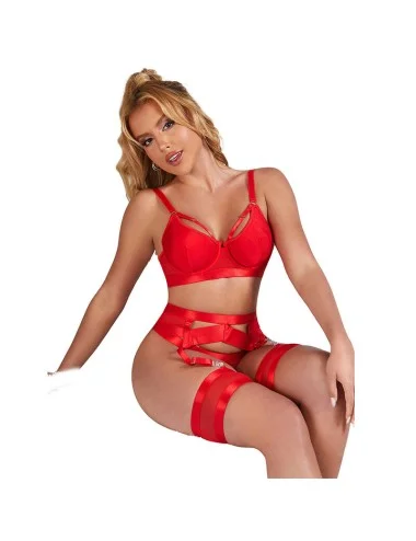 SUBBLIME - 955250 ENSEMBLE SOUTIEN-GORGE BONDAGE ROUGE AVEC JARRETELLES S/M