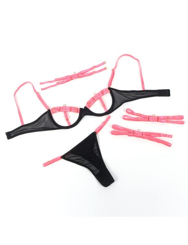 SUBBLIME - 955298 ENSEMBLE SOUTIEN-GORGE AVEC COLLIER ET DÉTAILS DE JAMBES ROSE FLUORESCENT S/M