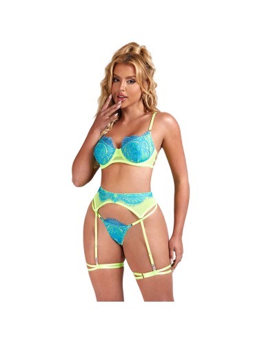 SUBBLIME - 955311 ENSEMBLE SOUTIEN-GORGE AVEC LIGNES DENTELLE ET JARRETELLE VERT ET BLEU S/M