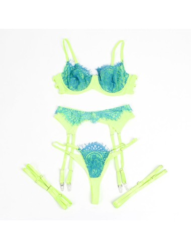SUBBLIME - 955311 ENSEMBLE SOUTIEN-GORGE AVEC LIGNES DENTELLE ET JARRETELLE VERT ET BLEU S/M