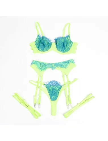 SUBBLIME - 955311 ENSEMBLE SOUTIEN-GORGE AVEC LIGNES DENTELLE ET JARRETELLE VERT ET BLEU S/M