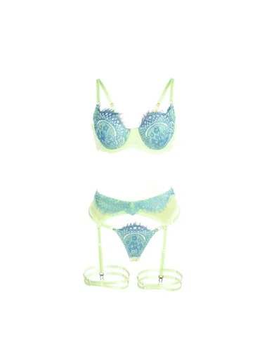 SUBBLIME - 955311 ENSEMBLE SOUTIEN-GORGE AVEC LIGNES DENTELLE ET JARRETELLE VERT ET BLEU S/M