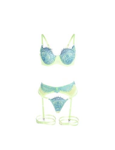 SUBBLIME - 955328 ENSEMBLE SOUTIEN-GORGE AVEC LIGNES DENTELLE ET JARRETELLE VERT ET BLEU L/XL