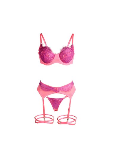 SUBBLIME - 955366 ENSEMBLE SOUTIEN-GORGE AVEC LIGNES DE DENTELLE ET JARRETELLES ROSE ET VIOLET L/XL