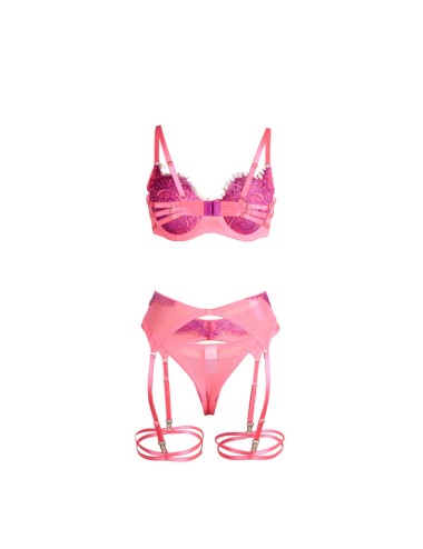 SUBBLIME - 955366 ENSEMBLE SOUTIEN-GORGE AVEC LIGNES DE DENTELLE ET JARRETELLES ROSE ET VIOLET L/XL