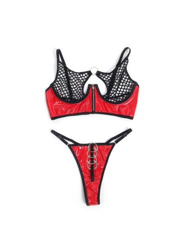 SUBBLIME - 955540 ENSEMBLE SOUTIEN-GORGE À FERMETURE ÉCLAIR EN CUIR VERNI ROUGE L/XL