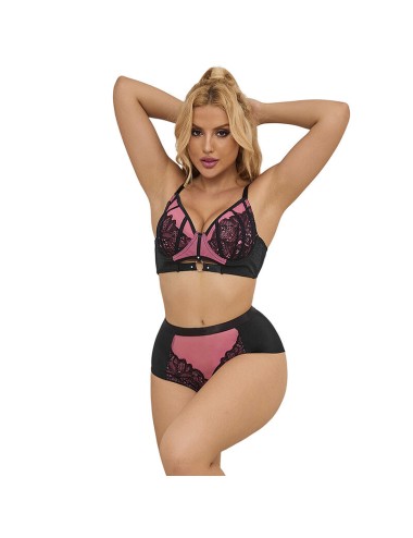SUBBLIME - 955571 ENSEMBLE SOUTIEN-GORGE EN CUIR VERNI ROSE AVEC FERMETURE ÉCLAIR S/M