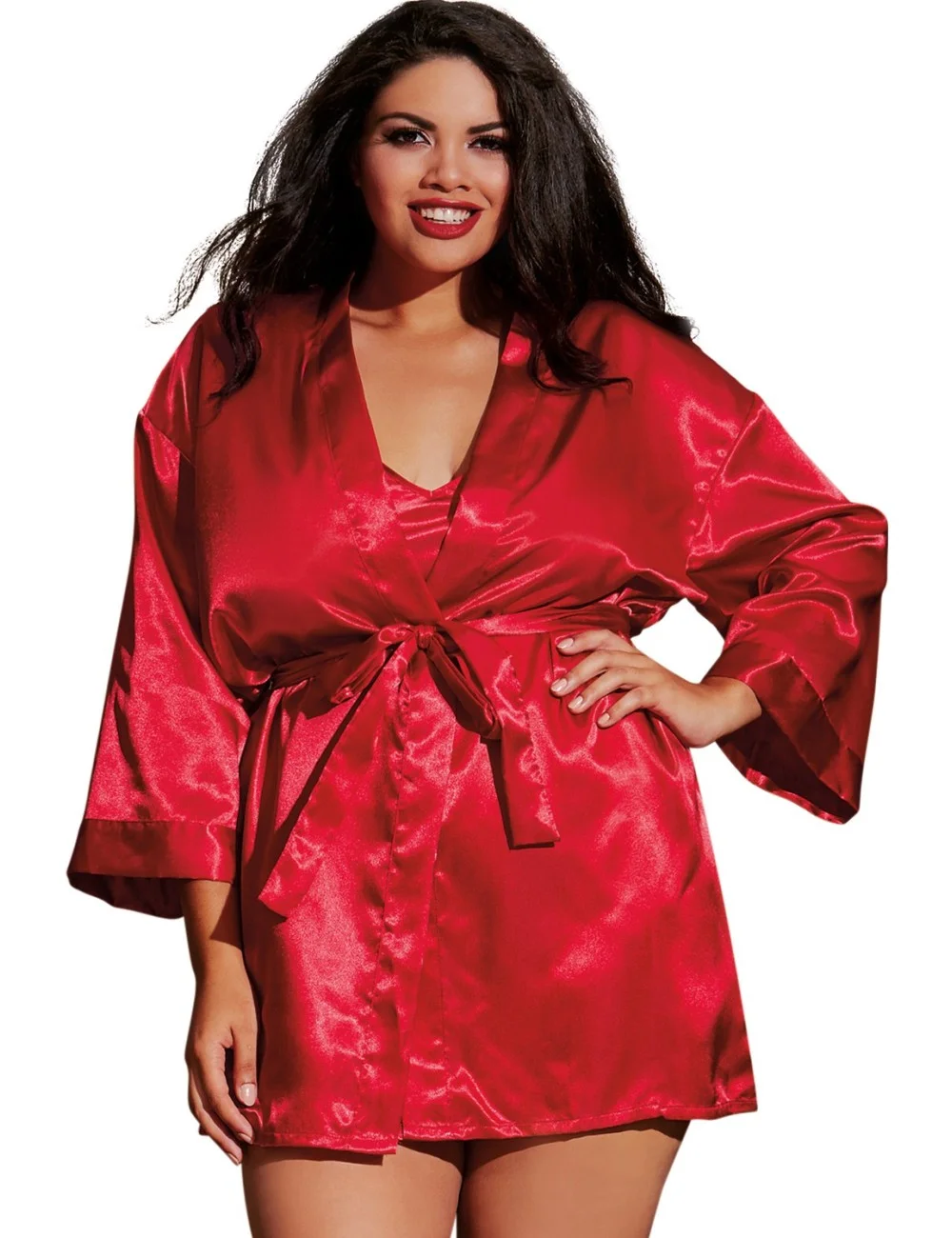 Nuisette grande taille rouge avec peignoir satinés - DG3717XRED Nuisette grande taille rouge avec peignoir satinés - DG3717XRED