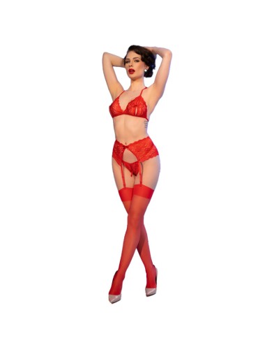 CHILIROSE - CR 4848 ENSEMBLE SOUTIEN-GORGE + STRING + BAS DENTELLE ROUGE M